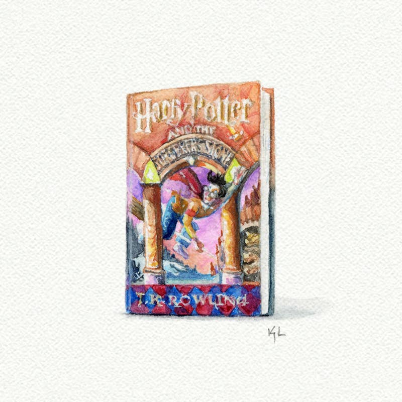 Miniature watercolor art print of Harry Potter and the Sorcerer’s Stone book – perfect gift for Potterheads